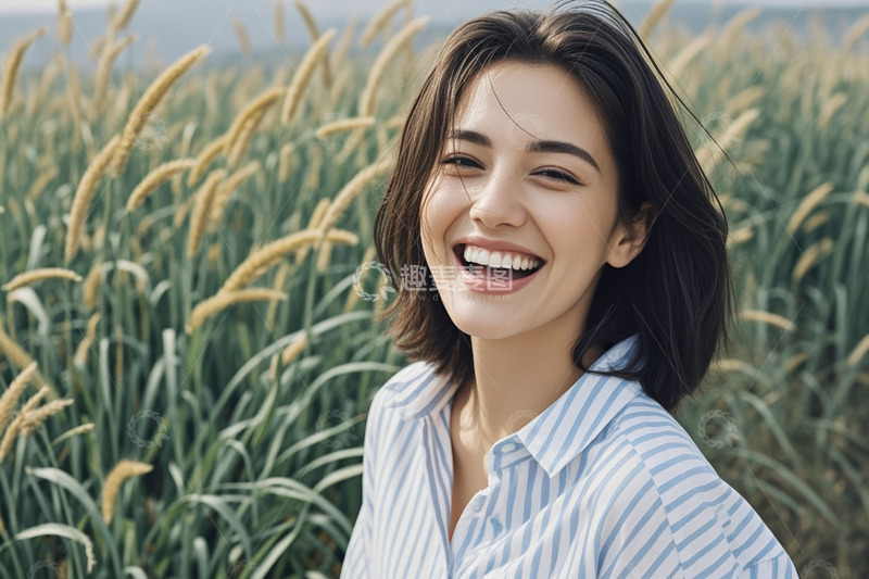 高清大图下载【趣麦麦图】田野中微笑的女子