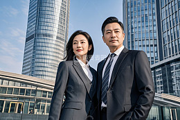 商务男女于城市高楼前合影
