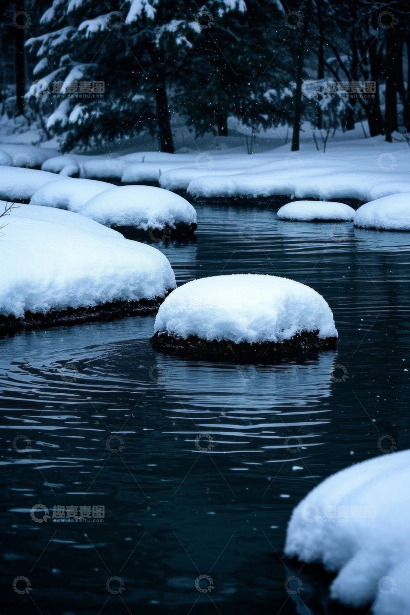 高清大图下载【趣麦麦图】冬季森林积雪覆盖的溪流景观