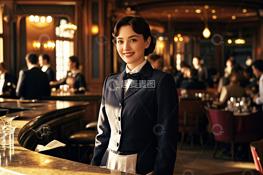 餐厅女服务员微笑服务场景