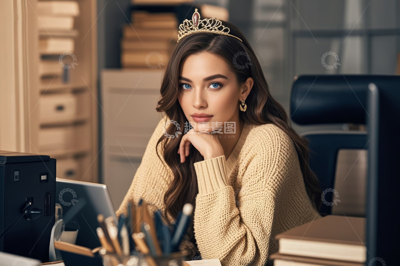 高清大图下载【趣麦麦图】戴皇冠女子办公场景