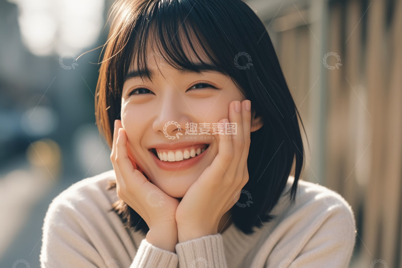 高清大图下载【趣麦麦图】年轻女性户外托腮微笑
