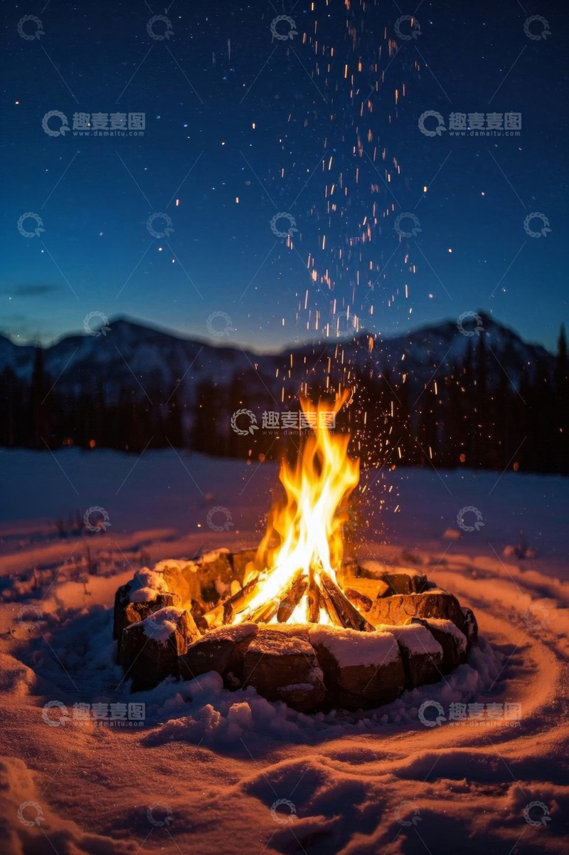 高清大图下载【趣麦麦图】雪地中的篝火与远山夜景