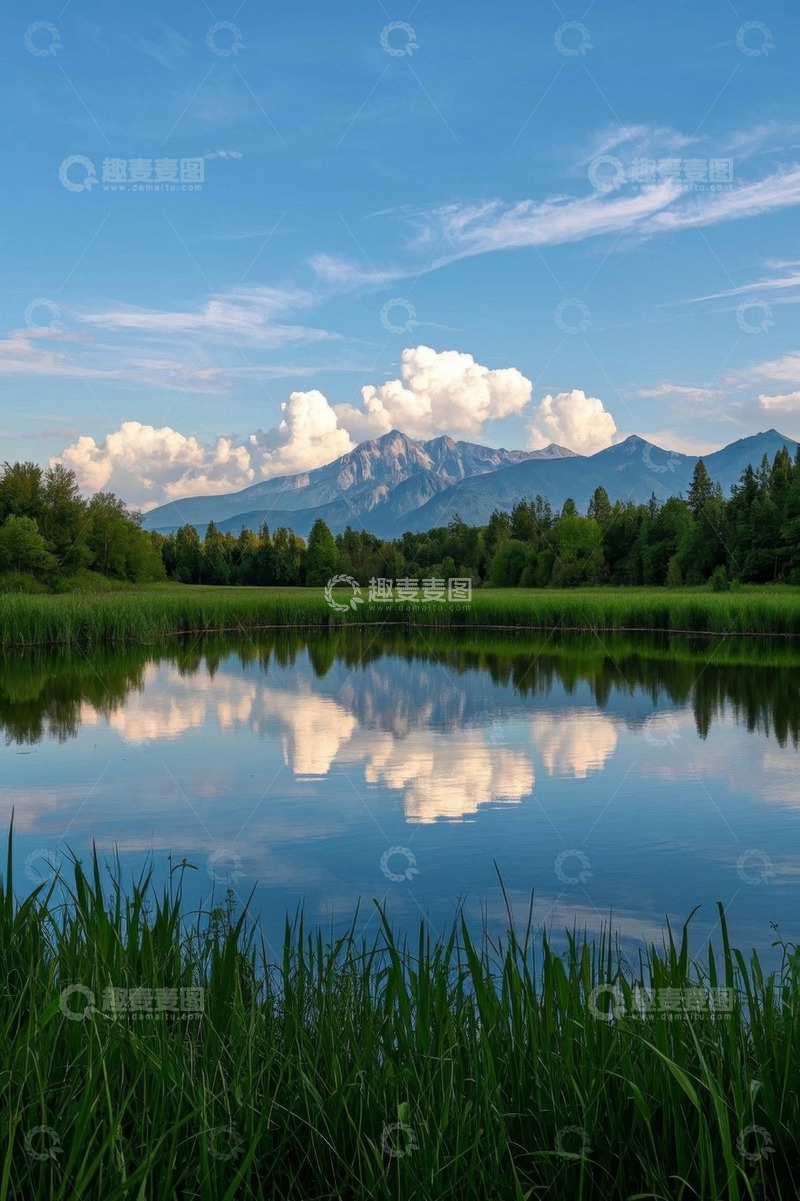 高清大图下载【趣麦麦图】湖畔山林蓝天白云自然景观