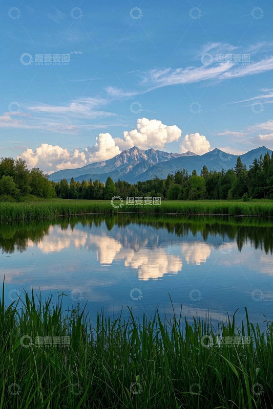 湖畔山林蓝天白云自然景观