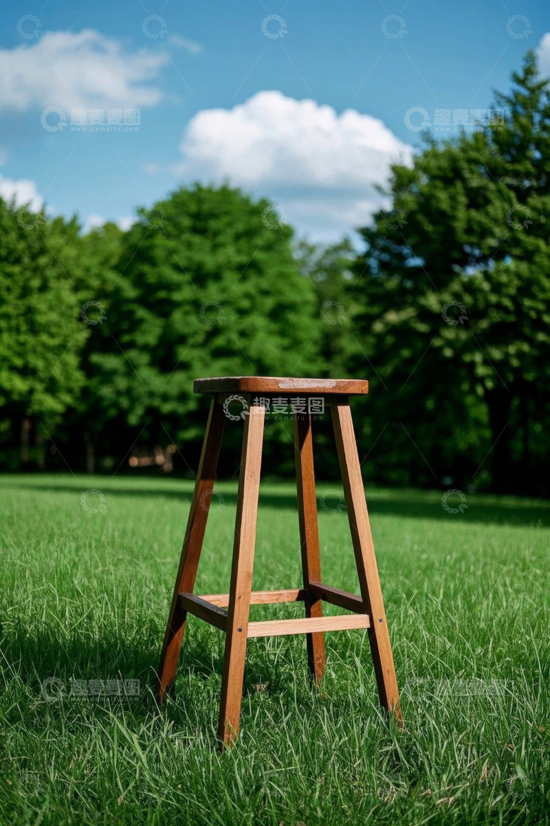 高清大图下载【趣麦麦图】草地上的木质高脚凳
