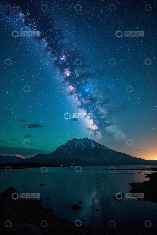 雪山星空下的宁静湖景