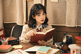 亚洲女生桌前专注看书