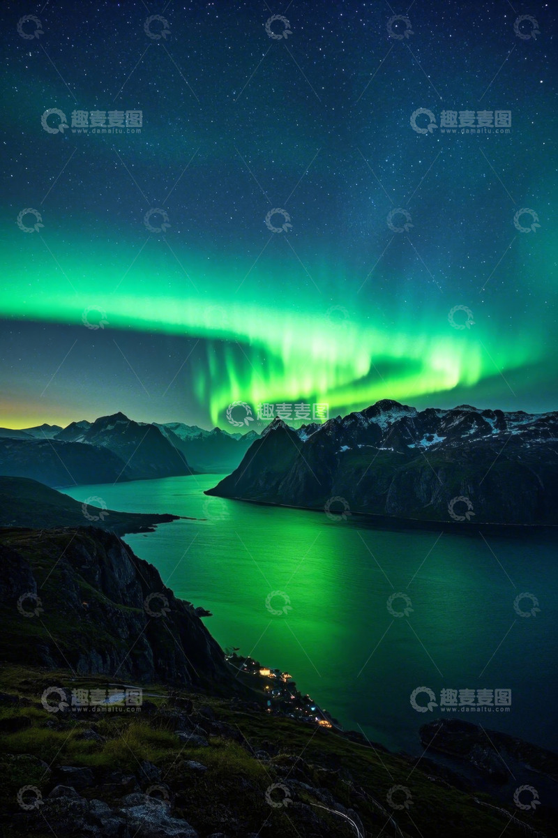 高清大图下载【趣麦麦图】夜空下山脉间的极光景观