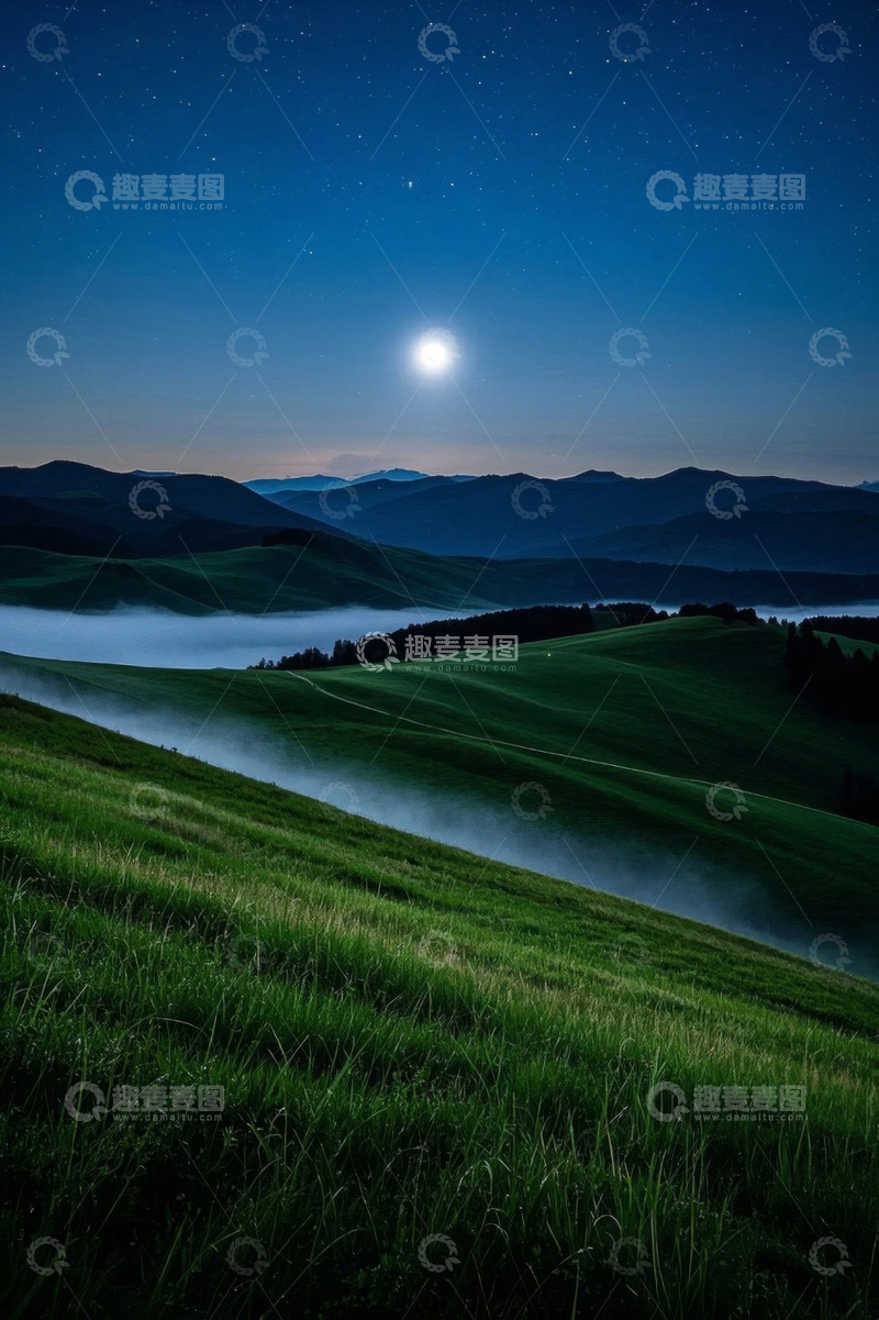 高清大图下载【趣麦麦图】月夜下的山间草原风光