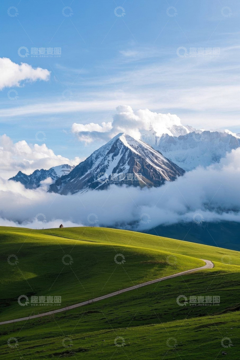 高清大图下载【趣麦麦图】雪山下的绿色草原与蜿蜒小路