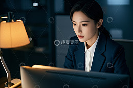青年商务女性夜晚专注办公