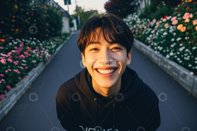 高清大图下载【趣麦麦图】穿卫衣男子于花丛小径微笑