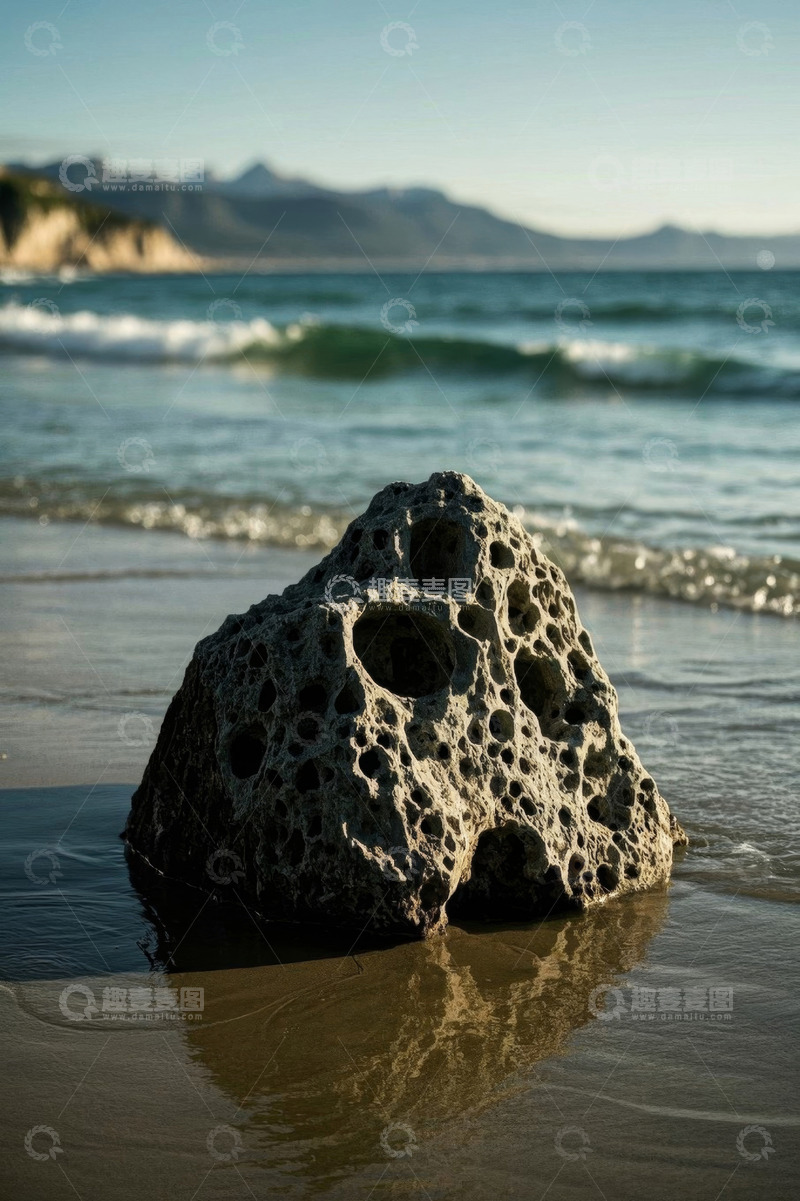 高清大图下载【趣麦麦图】海滩上的多孔岩石与海浪景观