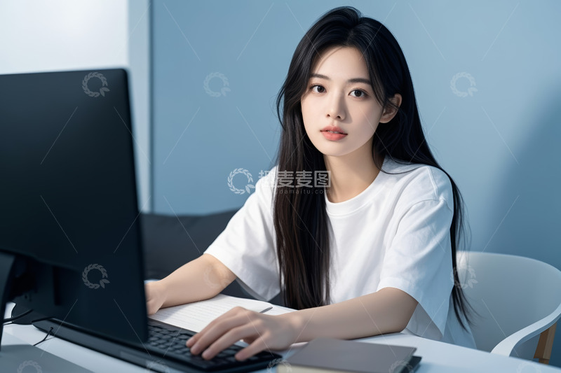 高清大图下载【趣麦麦图】女性在桌前使用电脑办公