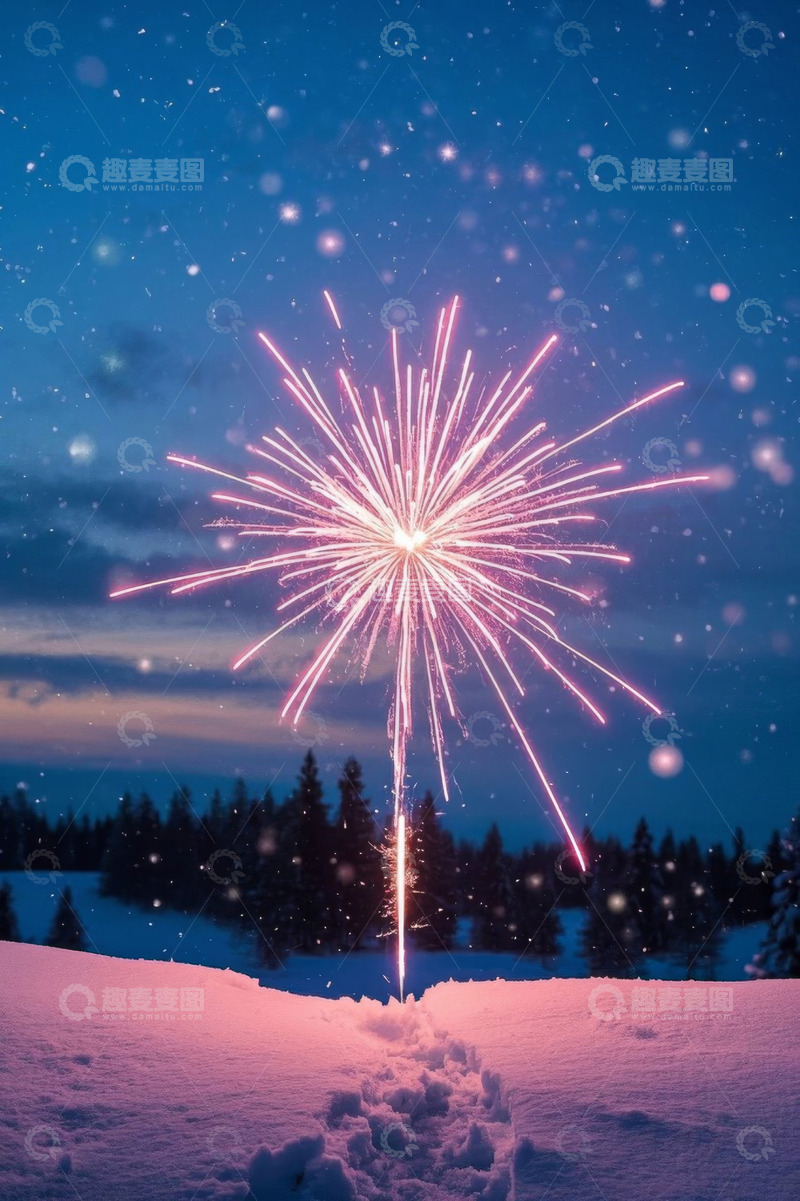 高清大图下载【趣麦麦图】雪地中绽放的绚丽烟花