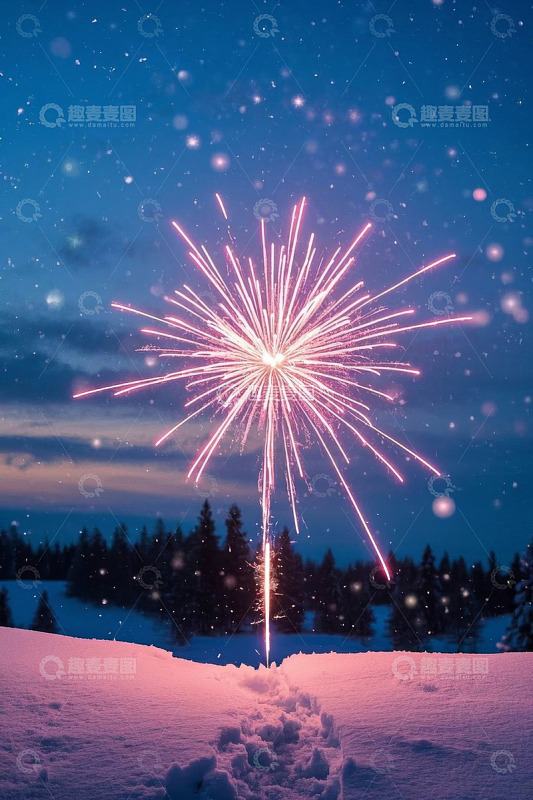 雪地中绽放的绚丽烟花