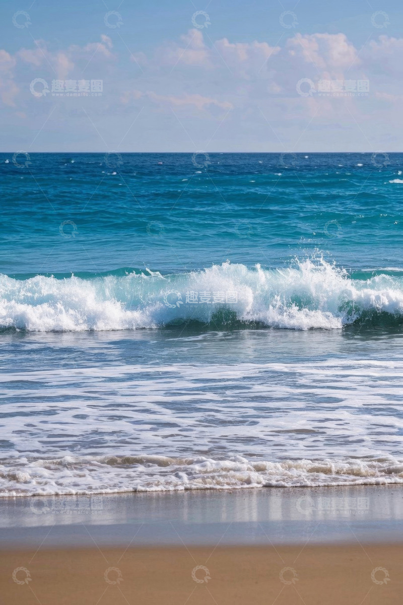 高清大图下载【趣麦麦图】蓝色海洋海浪拍打沙滩