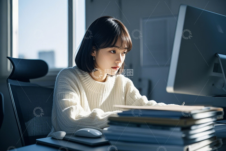 办公女性专注电脑前工作