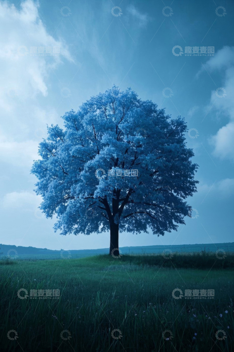 高清大图下载【趣麦麦图】原野上的蓝色独树