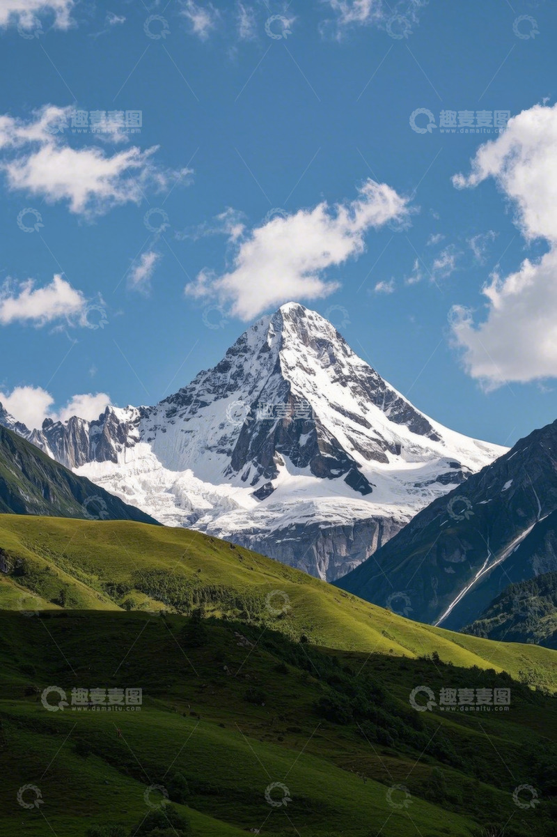 高清大图下载【趣麦麦图】雪山与绿色草甸自然景观