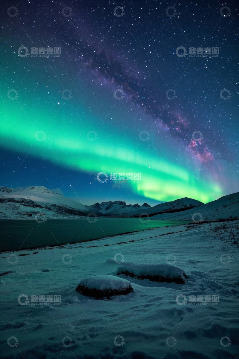 高清大图下载【趣麦麦图】雪山湖泊上空的美丽极光