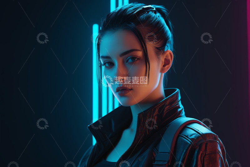 高清大图下载【趣麦麦图】时尚女性霓虹背景肖像