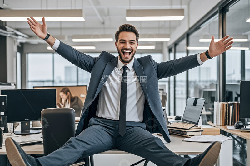 高清大图下载【趣麦麦图】商务男士在办公室兴奋庆祝