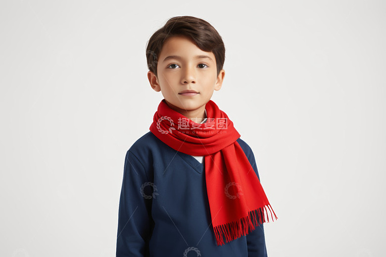戴红色围巾的小男孩肖像