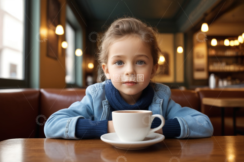高清大图下载【趣麦麦图】小女孩在咖啡馆桌前喝咖啡