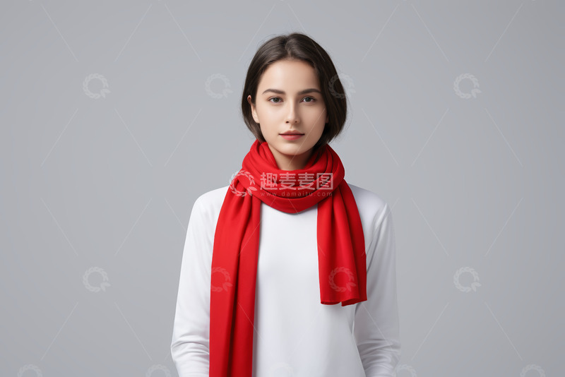 高清大图下载【趣麦麦图】戴红色围巾的女性肖像