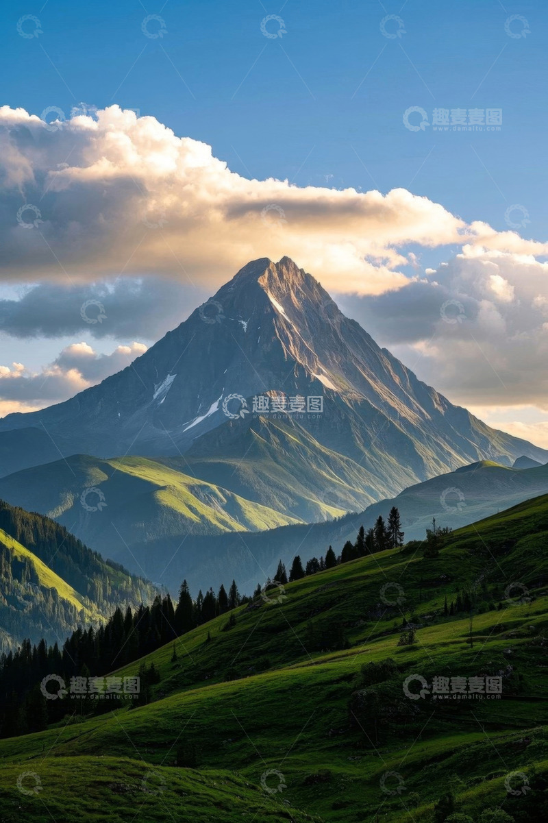 高清大图下载【趣麦麦图】山间草地与巍峨山峰景观