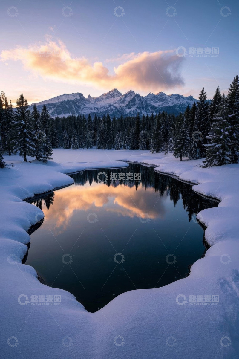 高清大图下载【趣麦麦图】雪山森林旁雪覆湖泊风景