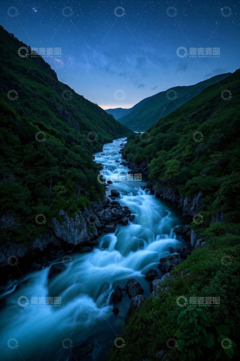 高清大图下载【趣麦麦图】山谷河流星空夜景