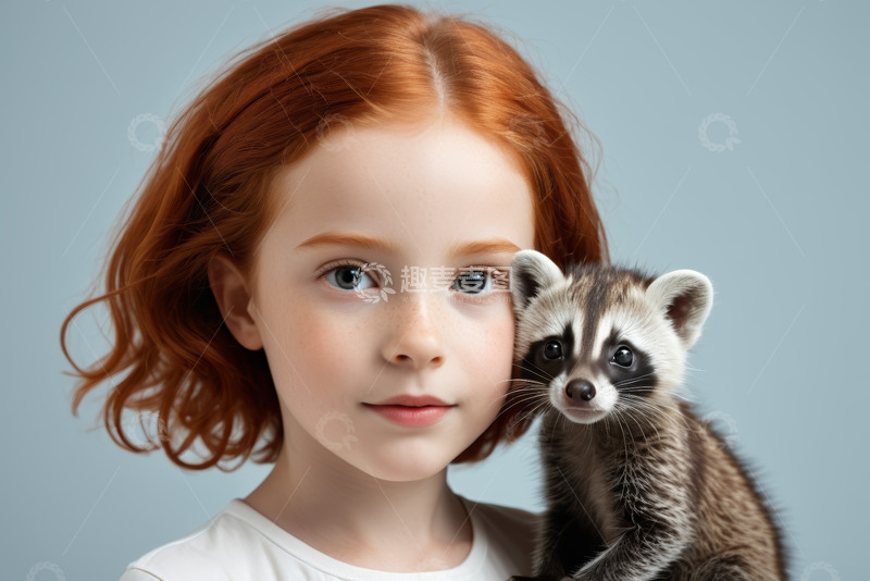 高清大图下载【趣麦麦图】红发小女孩与小浣熊合影