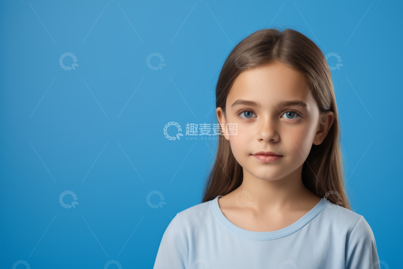 高清大图下载【趣麦麦图】蓝背景前的小女孩肖像