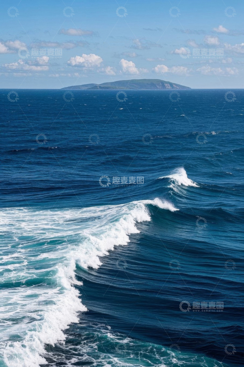 高清大图下载【趣麦麦图】蓝色海洋波浪与远处岛屿景观