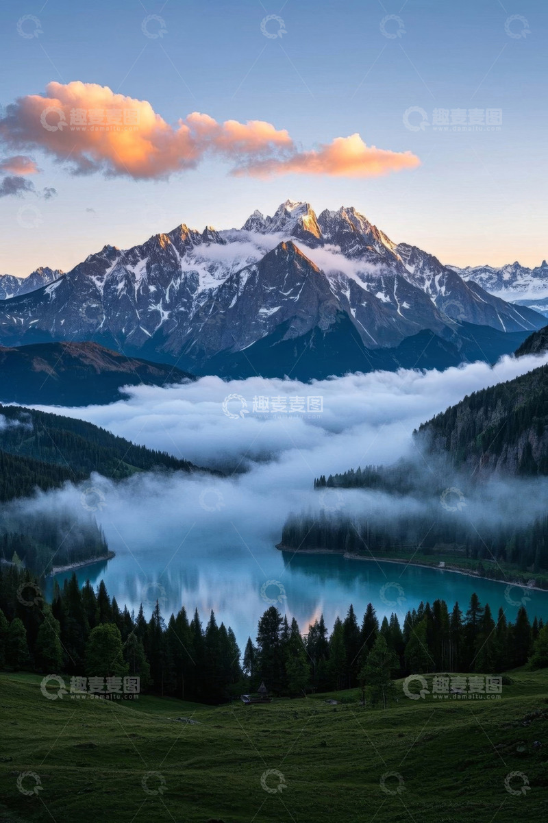 高清大图下载【趣麦麦图】山间云海环绕的雪山湖泊景观