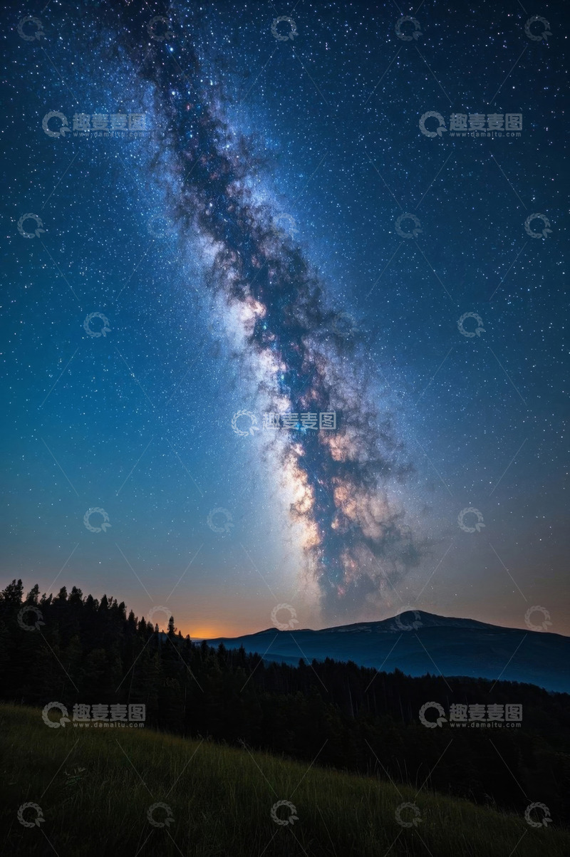 高清大图下载【趣麦麦图】夜空下山脉森林与银河系景观