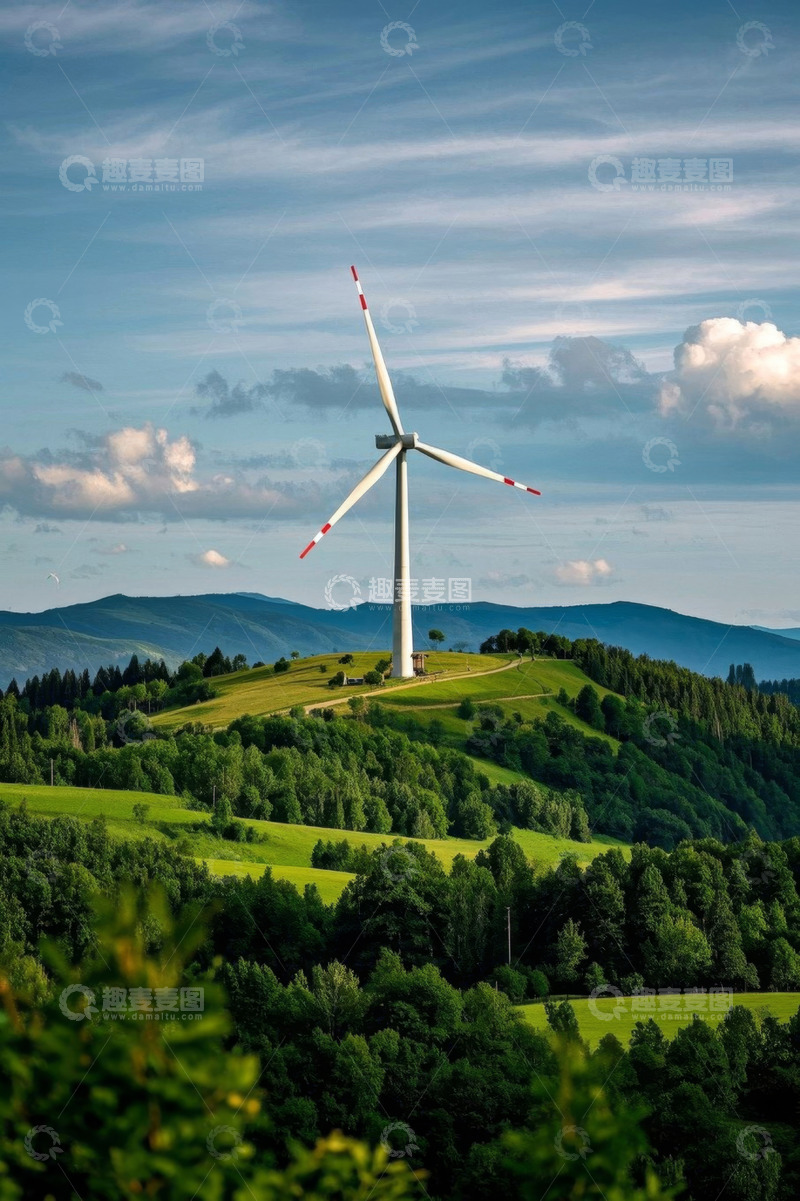 高清大图下载【趣麦麦图】山丘上的风力发电机与自然风光