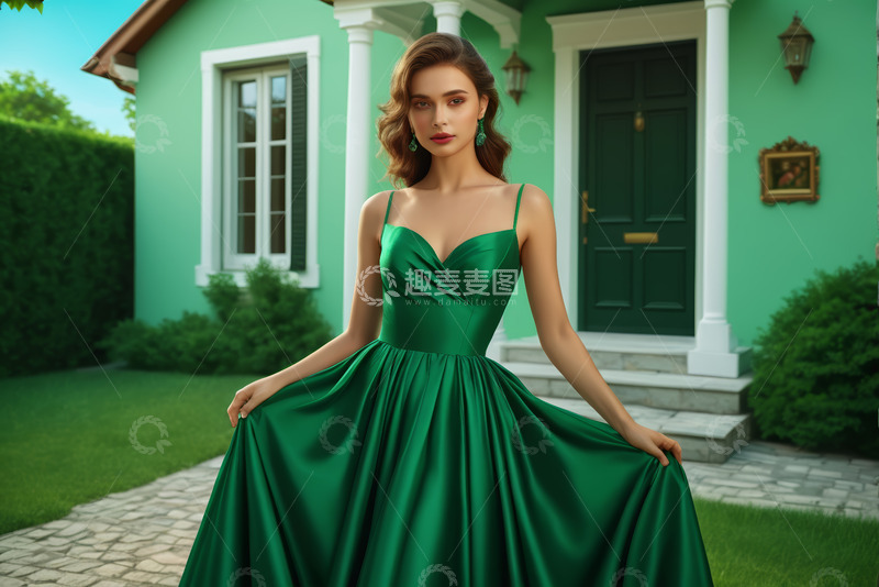 高清大图下载【趣麦麦图】身着绿裙的女子站在房屋前