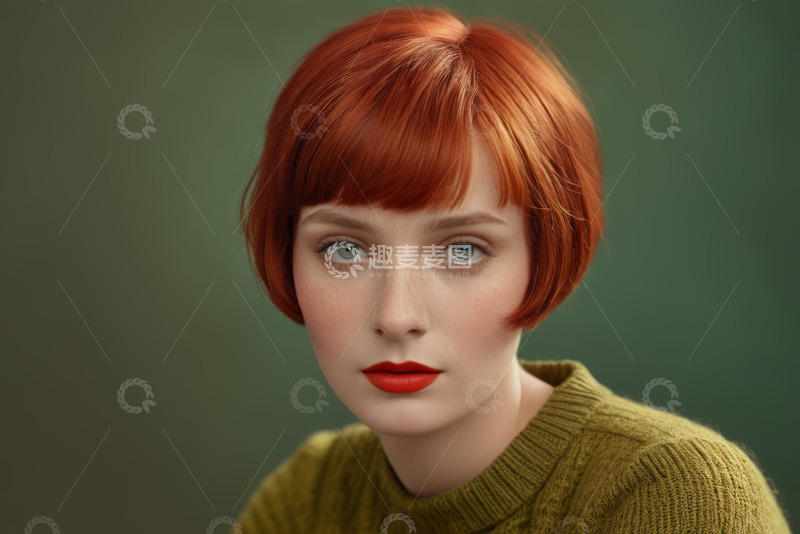 高清大图下载【趣麦麦图】红发女子绿色毛衣肖像