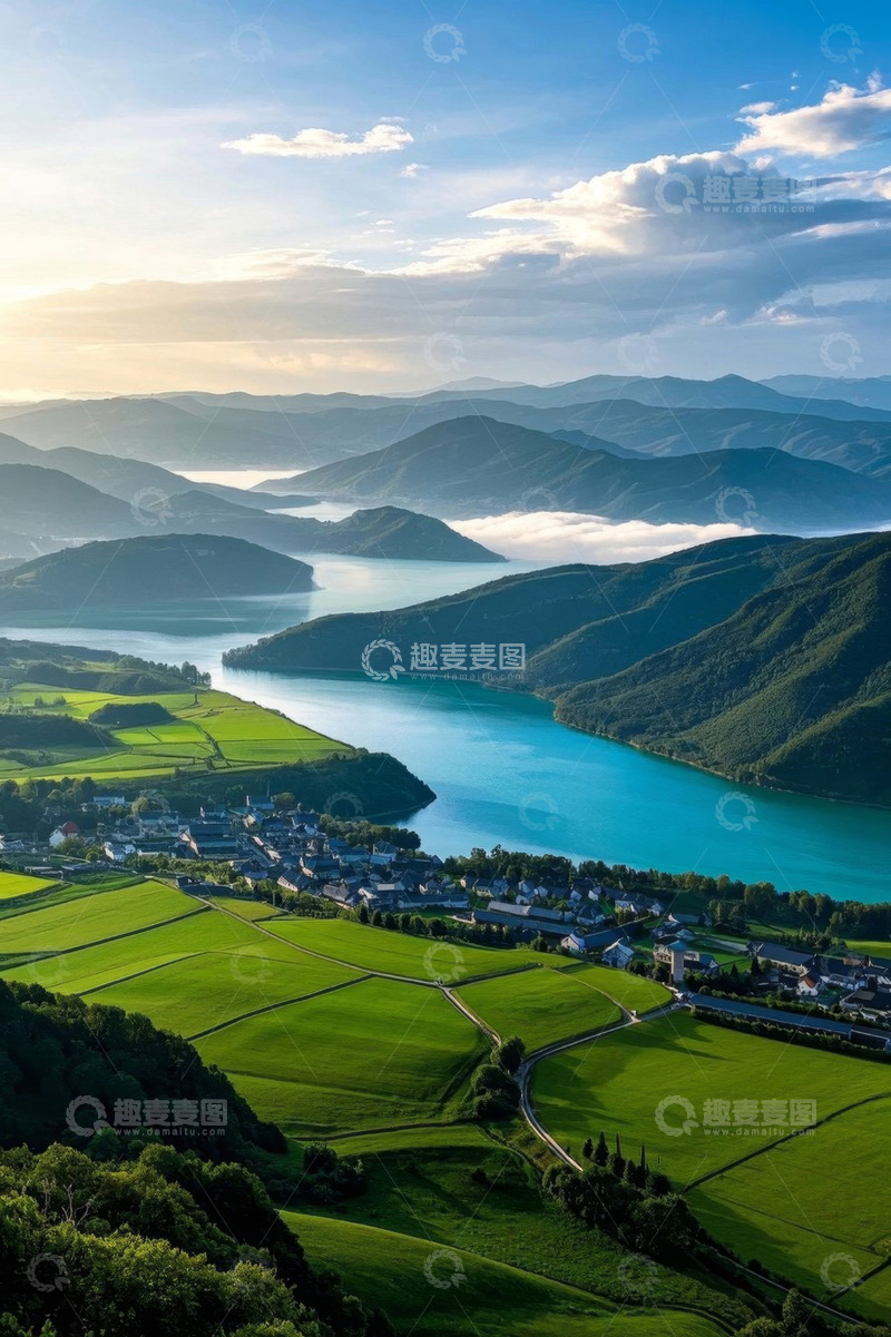 高清大图下载【趣麦麦图】青山绿水间的田园村落风光