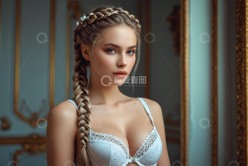 高清大图下载【趣麦麦图】穿内衣的编发女性肖像