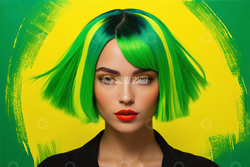 高清大图下载【趣麦麦图】绿黄发色时尚女性肖像