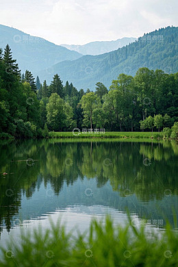 山林间平静湖水自然景观