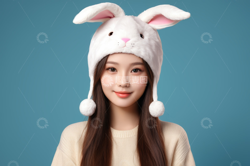 高清大图下载【趣麦麦图】戴兔子帽的年轻女性肖像