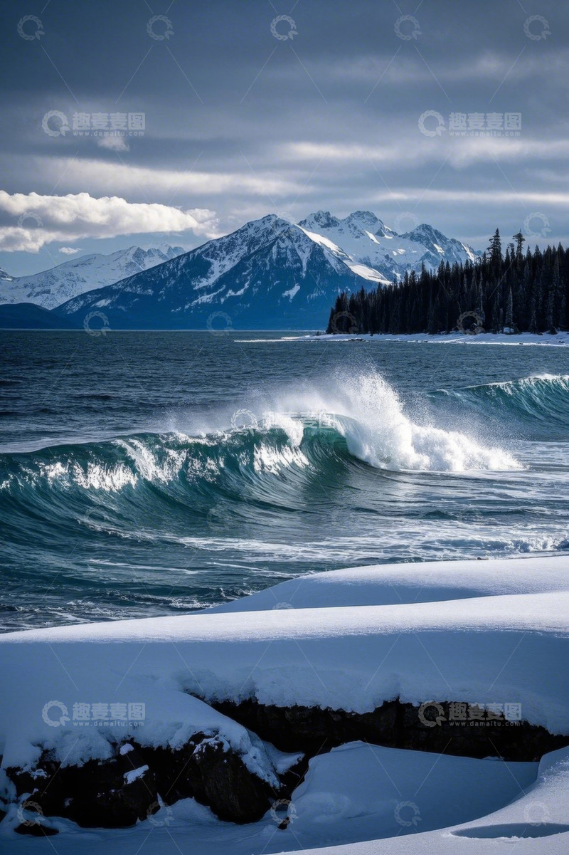 高清大图下载【趣麦麦图】雪山下海浪拍打积雪海岸