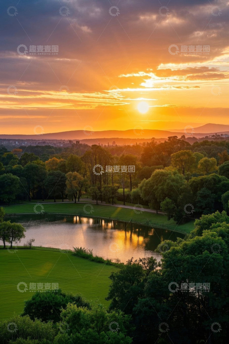 高清大图下载【趣麦麦图】公园湖畔日落自然风光