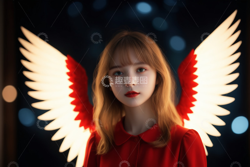 高清大图下载【趣麦麦图】红衣女孩背衬发光天使翅膀